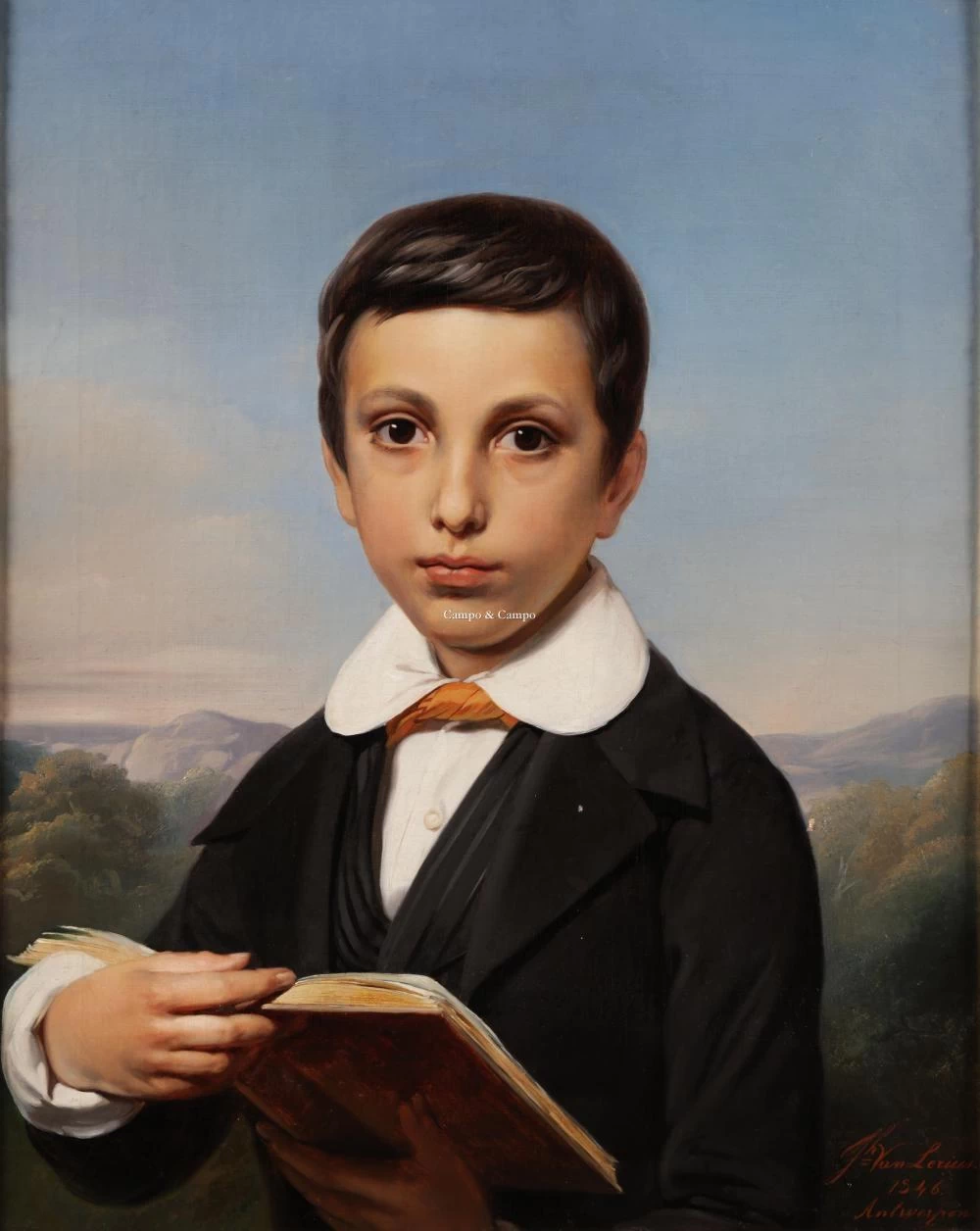 Joseph van Lerius - Ritratto di un ragazzo con libro e paesaggio con colline sullo sfondo